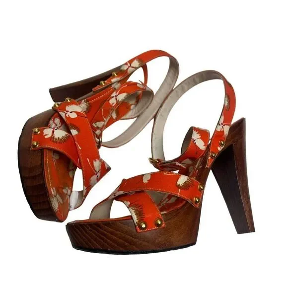 Gucci Orange Crane Wood Block Heels Sandals Sz. 8 - Picture 1 of 13